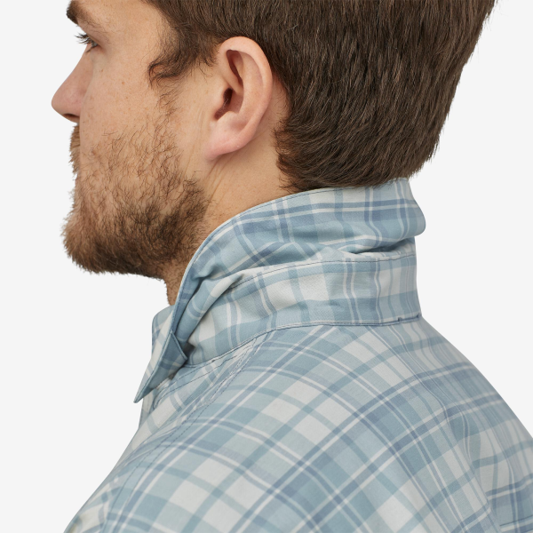 Patagonia Island Hopper Shirt Burr Berlin Blue Model Collar Patagonia Island Hopper Shirt Burr Berlin Blue Model Collar
